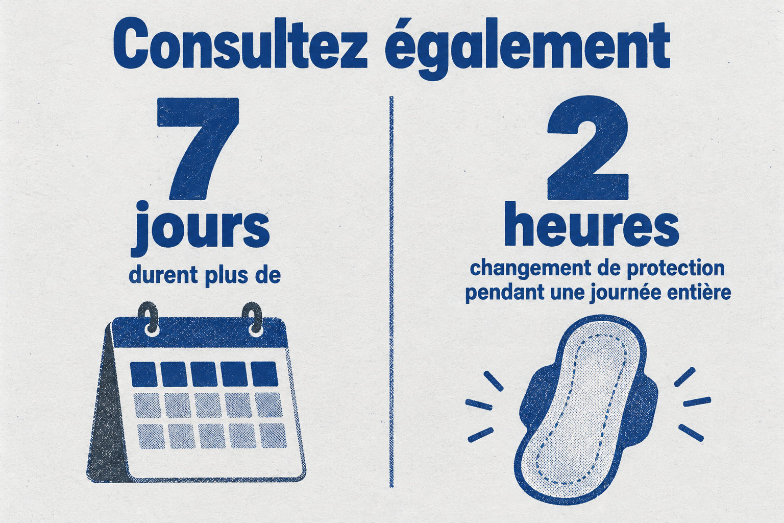 L’infographie indique qu’il faut consulter si les règles durent plus de 7 jours ou si une protection doit être changée toutes les 2 heures pendant une journée entière.